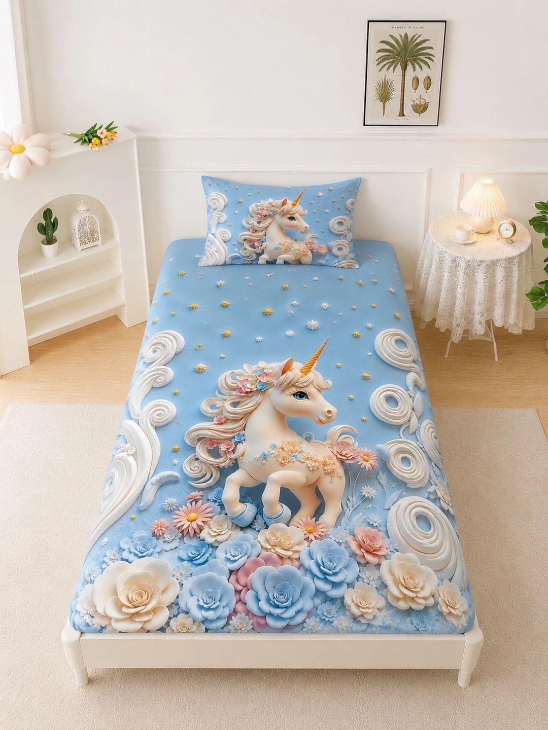 Cortina Blue & White Single Bedsheet with 1 Pillow Covers-picture-0