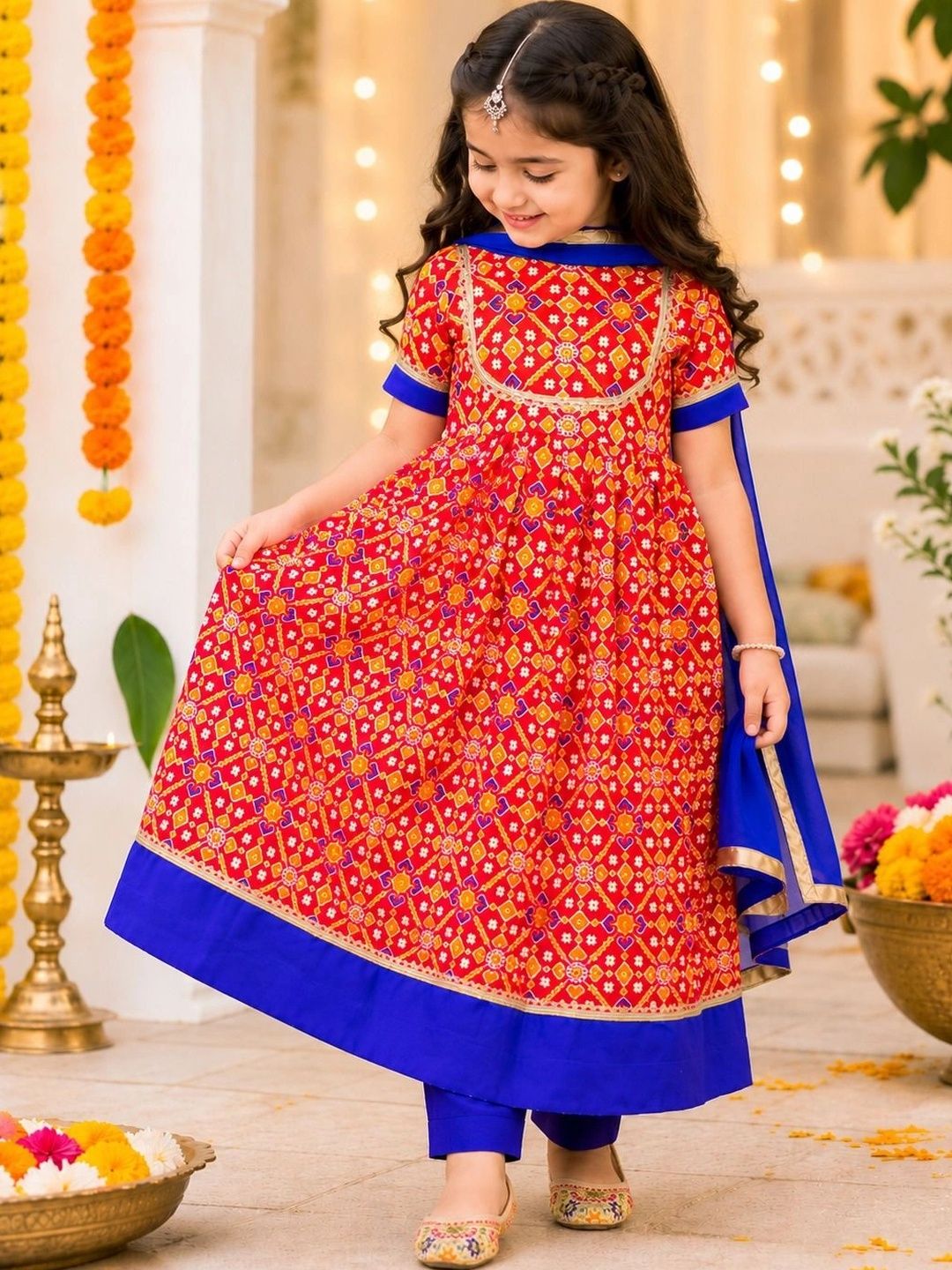 Perkymoon Girls Ethnic Motifs Printed Empire Gotta Patti Pure Cotton Kurta with Trousers & With Dupatta-picture-30