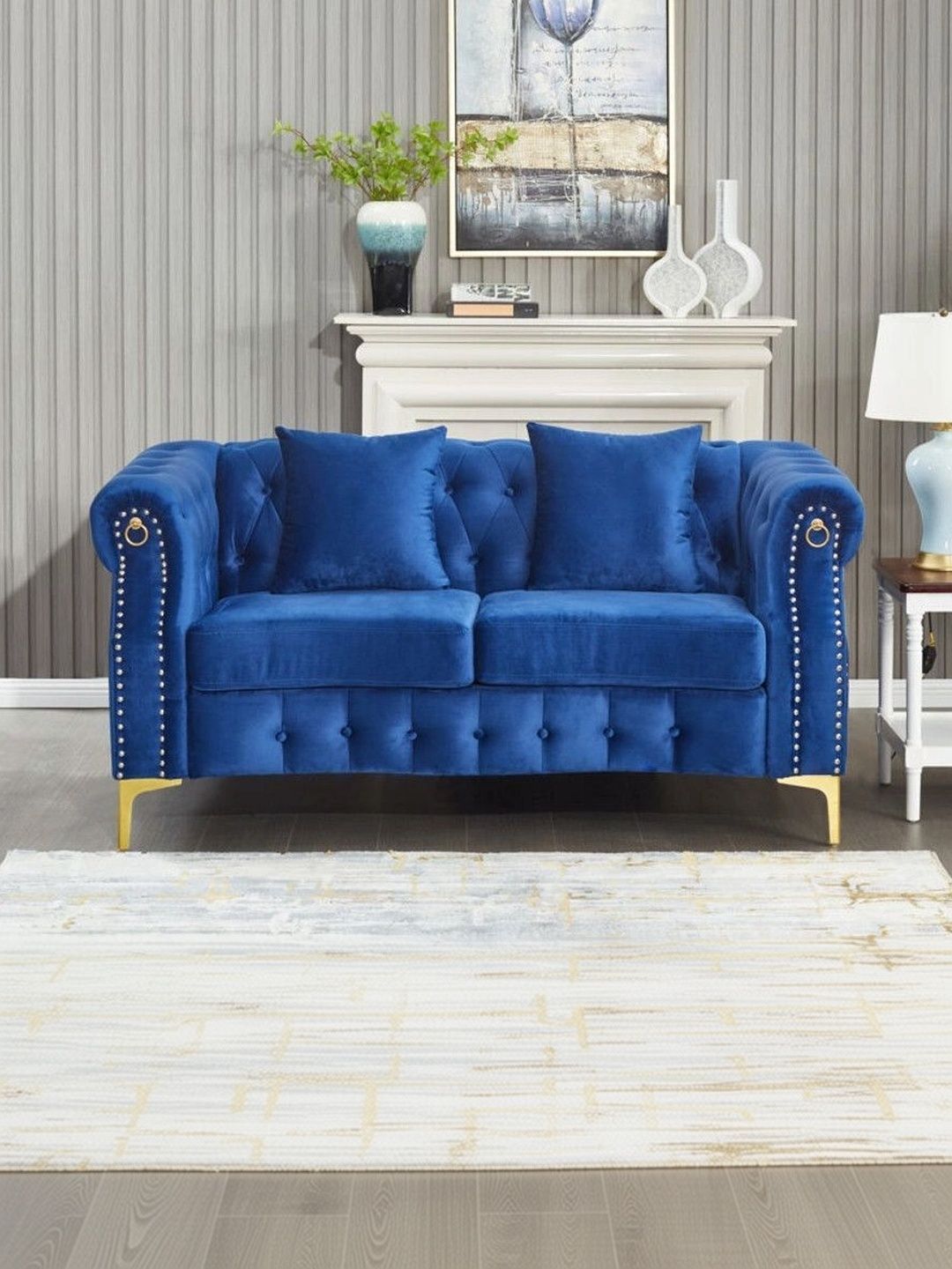 INDIAWOODMART Blue Wooden 2 Seater Sofa-picture-12