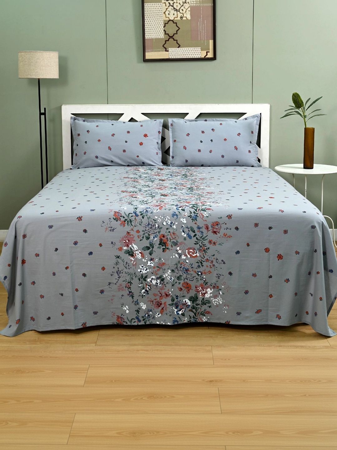 Ocean Home Store Grey & Red Floral 130 TC Bedsheet with 2 Pillow Covers-image-38