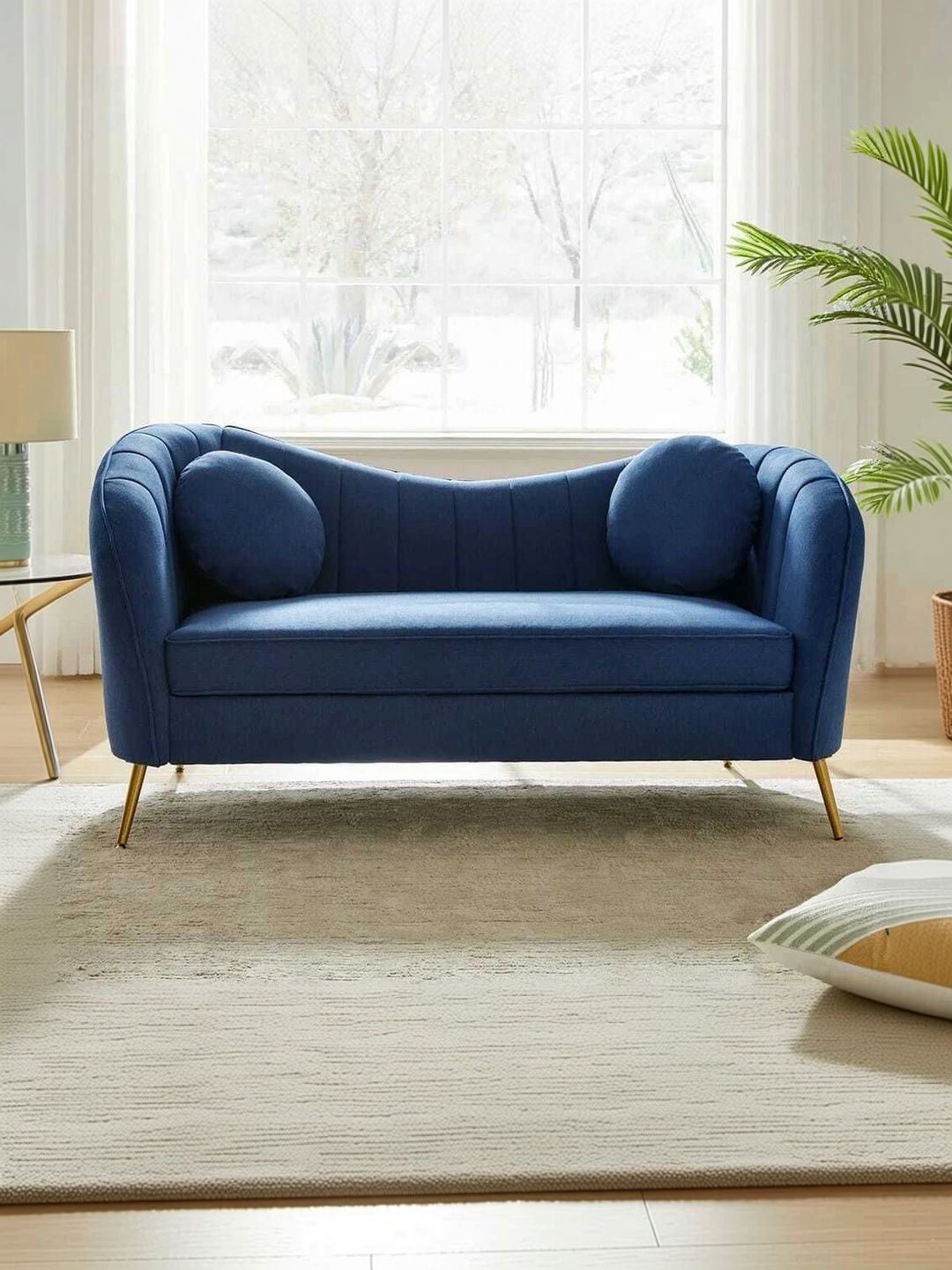 INDIAWOODMART Navy Blue Curved Design 2 Seater Sofa-image-11