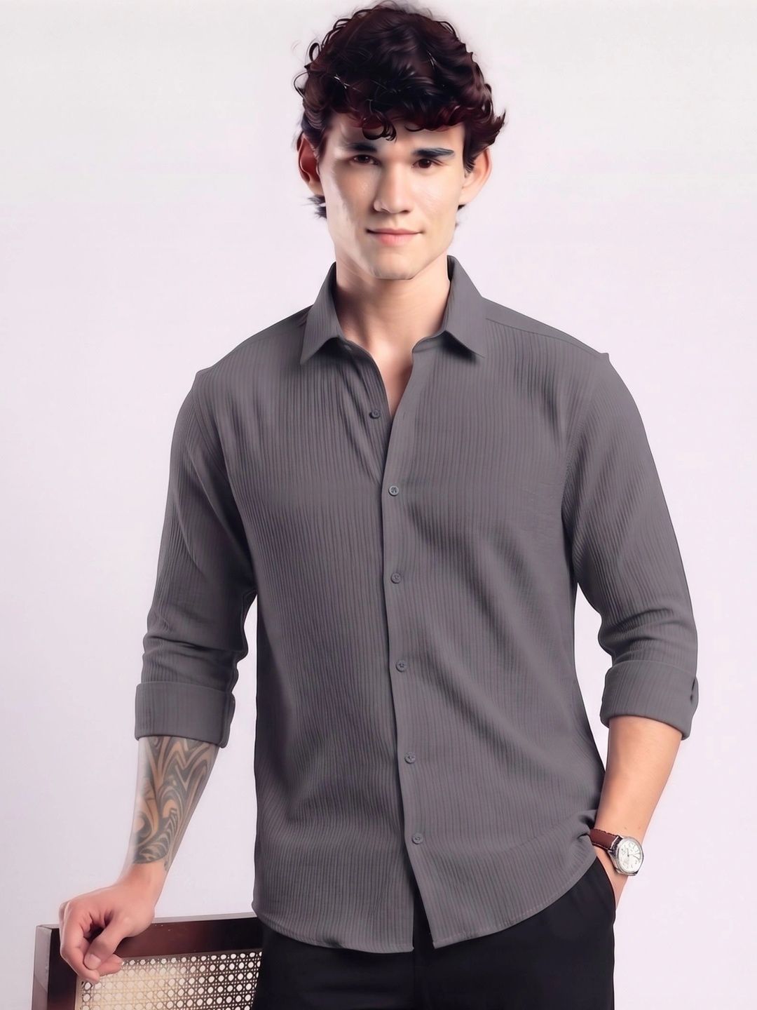 URBANICE Slim Fit Vertical Striped Texture Button-Down Collar Casual Shirt-image-2