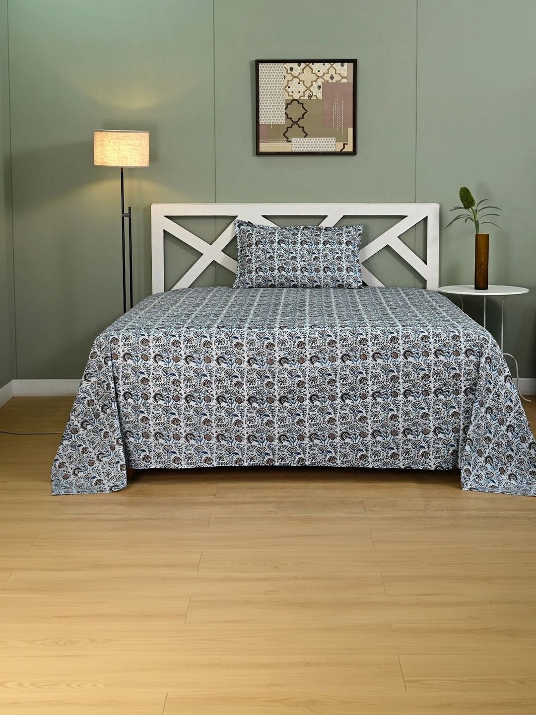 Ocean Home Store Teal & Brown Floral 200 TC King Bedsheet with 2 Pillow Covers-image-14