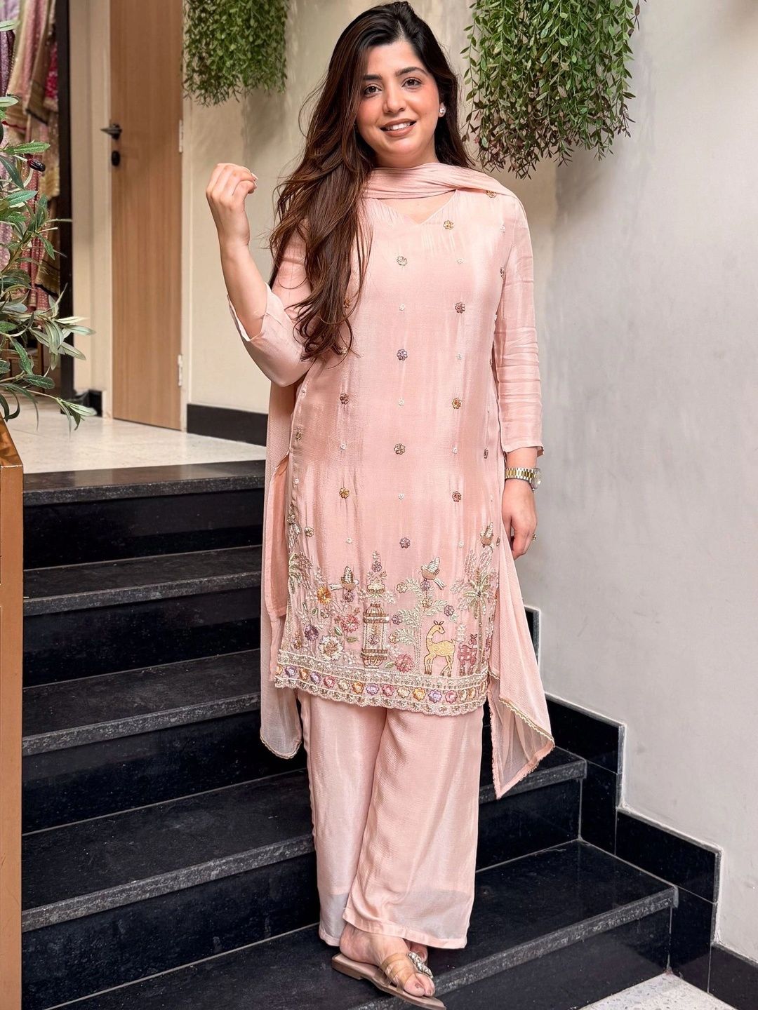 HERE&NOW Women Ethnic Motifs Embroidered Regular Thread Work Kurta with Palazzos & With Dupatta-picture-45