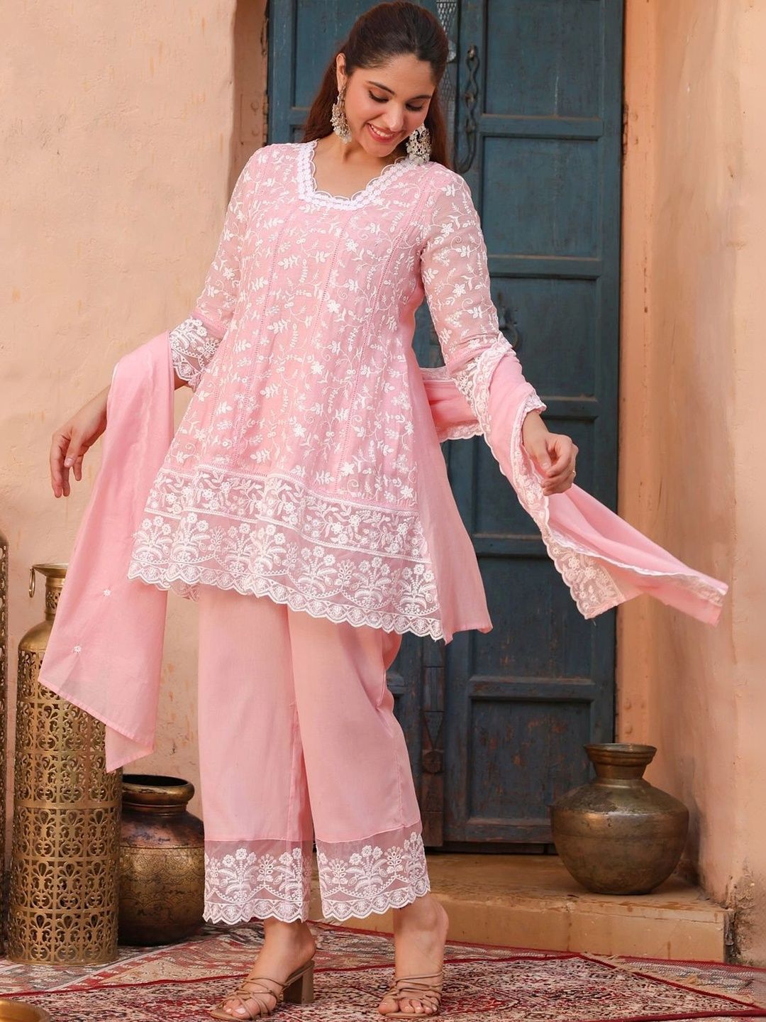 Rain & Rainbow Women Floral Embroidered Regular Thread Work Kurta with Palazzos & With Dupatta-picture-18
