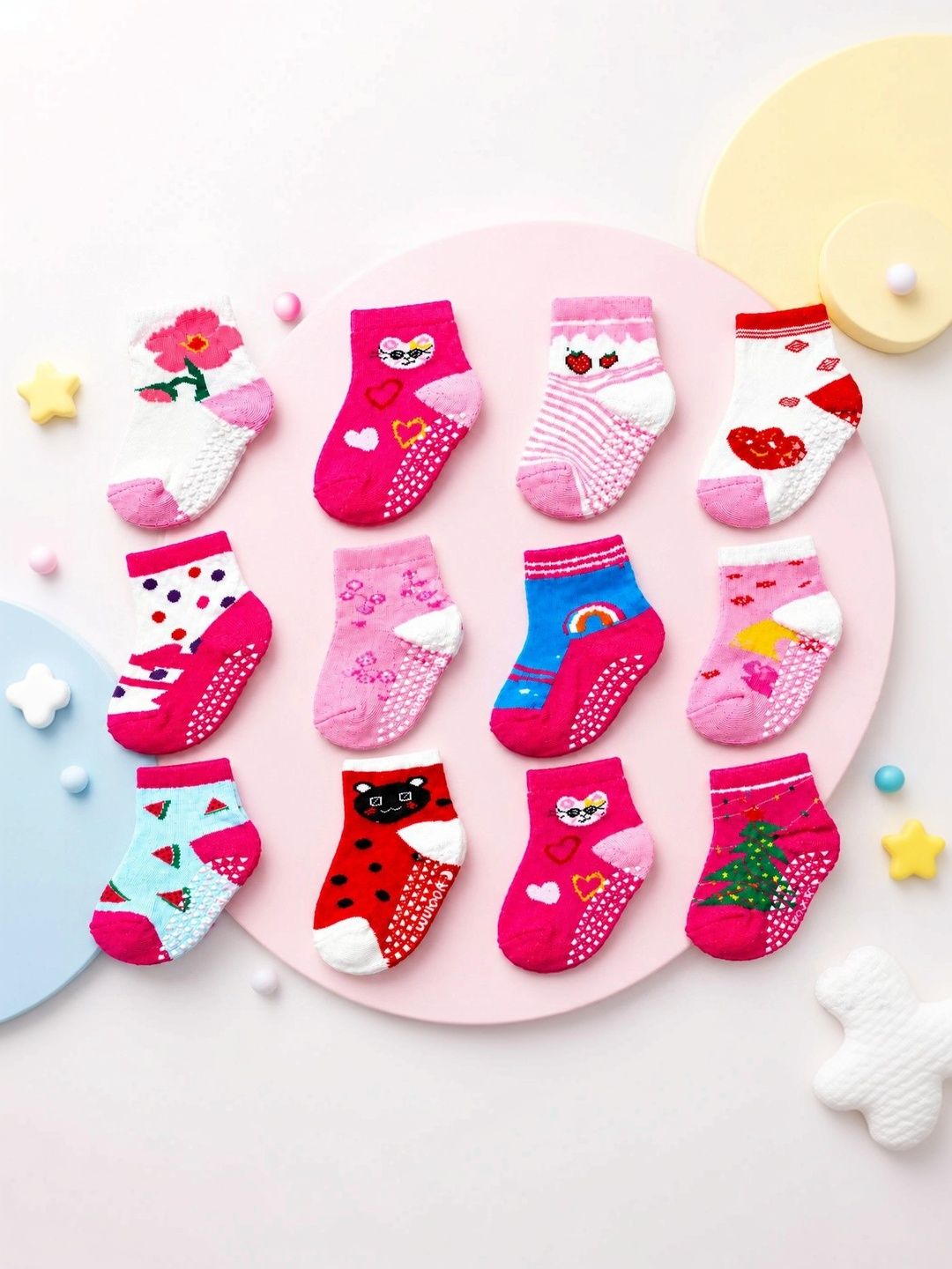 Nihvi Girls Pack of 4 Cotton Blend Assorted Patterned Ankle Length Socks-picture-26