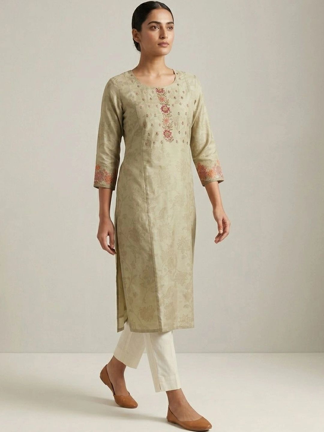 gokurtis Botanical Embroidered Thread Work Jacquard Thread Work Kurti-picture-43