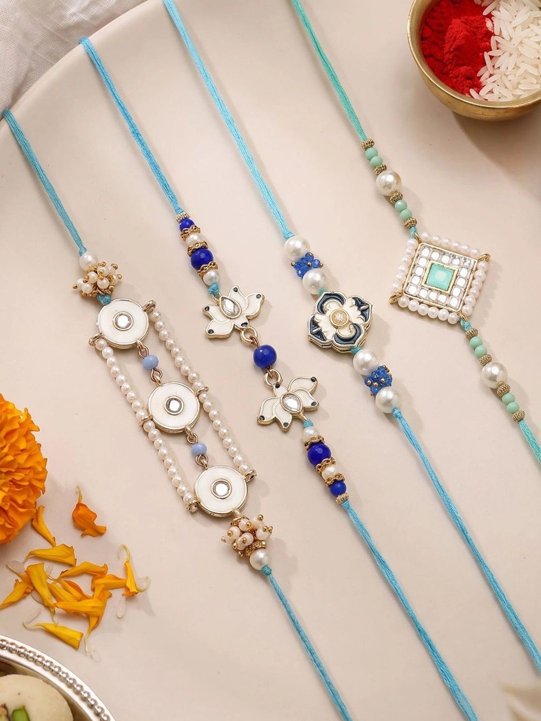 KARATCART Set Of 4 Enamel Floral Design Kundan Thread Rakhi for Brother with Roli & Chawal-picture-27