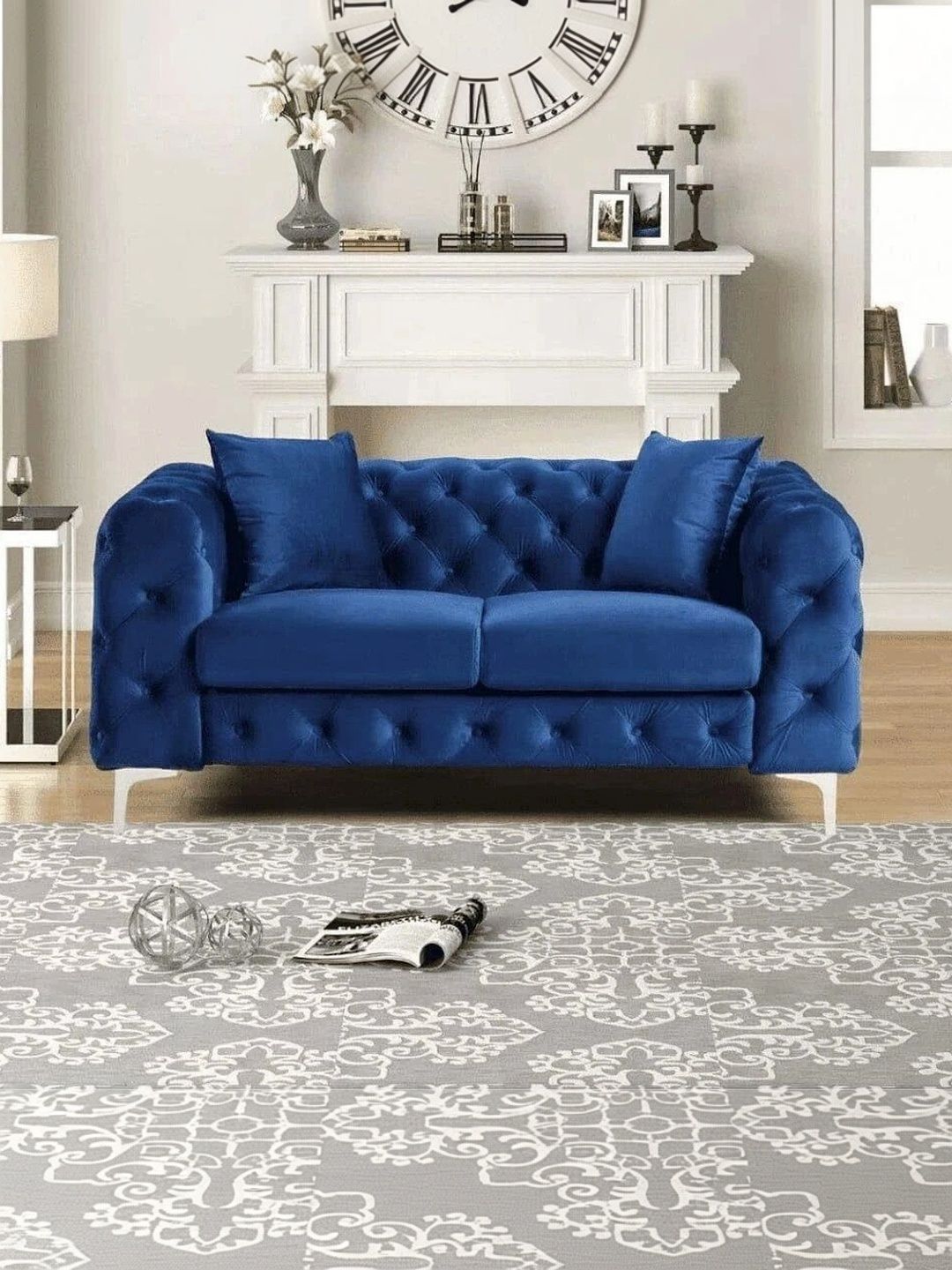 INDIAWOODMART Blue Textured 2 Seater Sofa-image-8