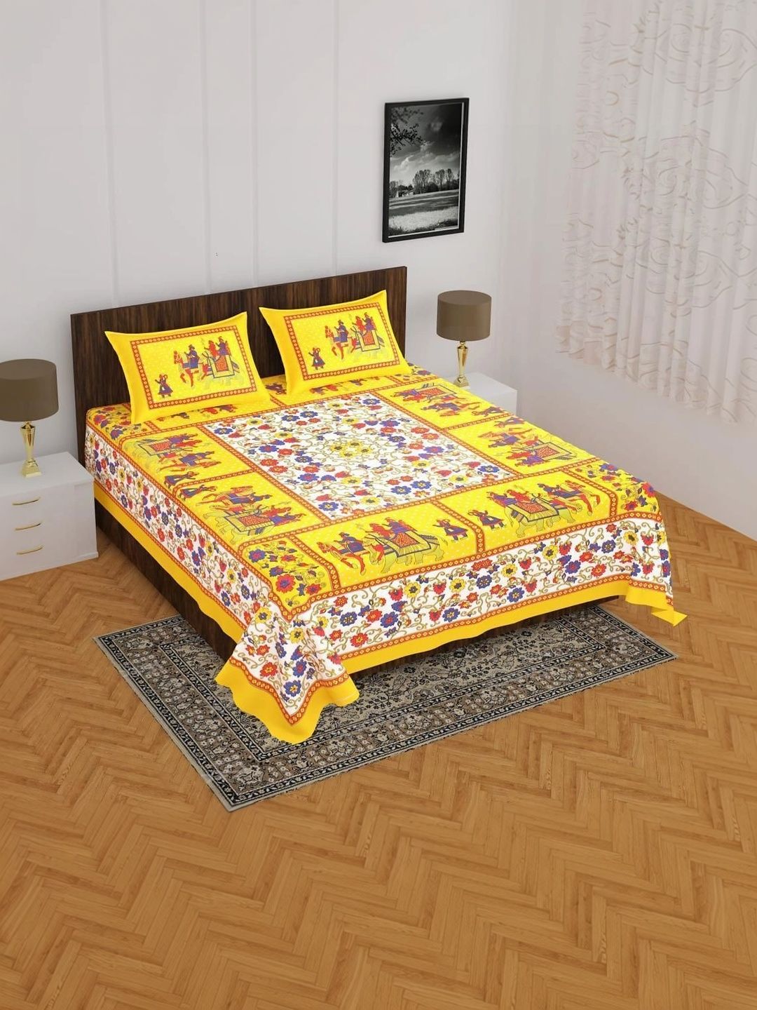 TIMELESS TRENDS Yellow 144 TC Bedsheet with 2 Pillow Covers-picture-44
