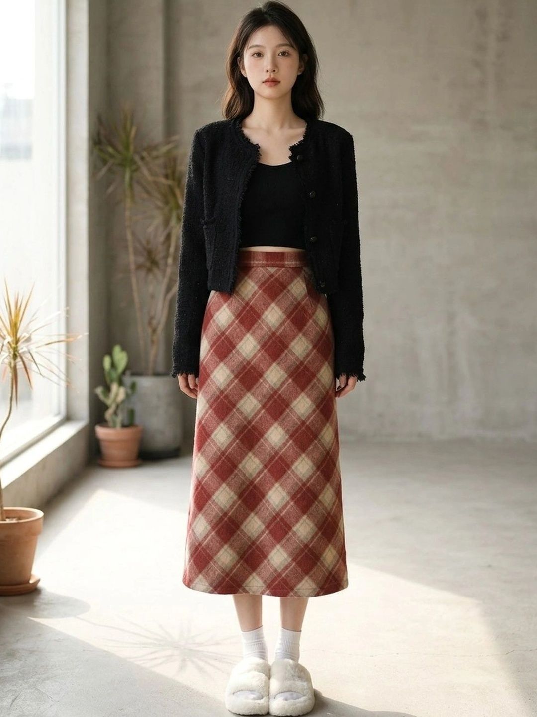 Suo Women Checked Summer Checks Midi Straight Skirt-picture-27
