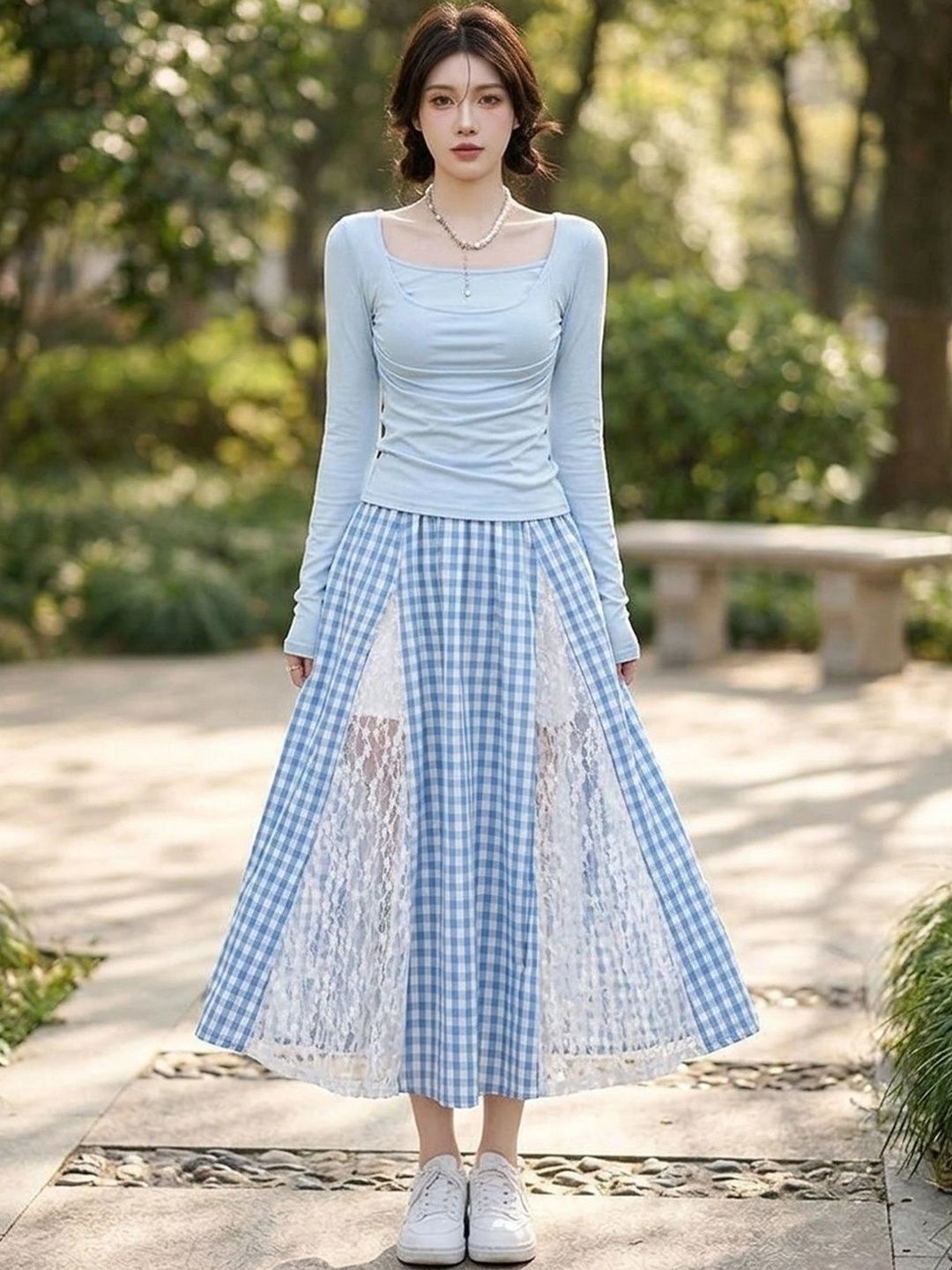 Suo Women Checked Summer Checks Front Slit Midi Flared Skirt-picture-17