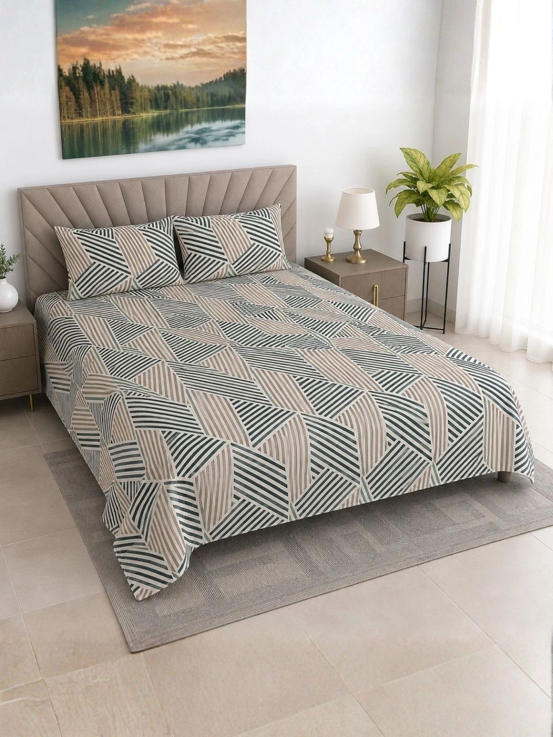 Florida Beige & Grey Geometric Polycotton 4 Piece Double King Superfine Bedding Set-picture-31