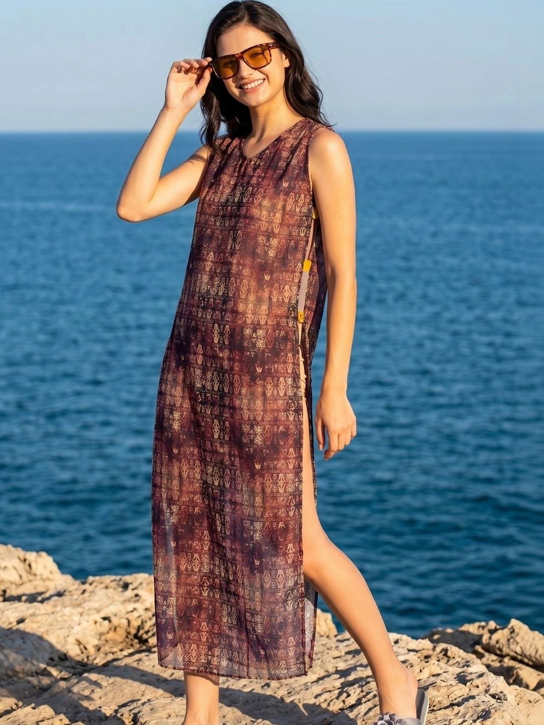 Aoba Abstract Georgette Swimwear Cover up Top-image-25