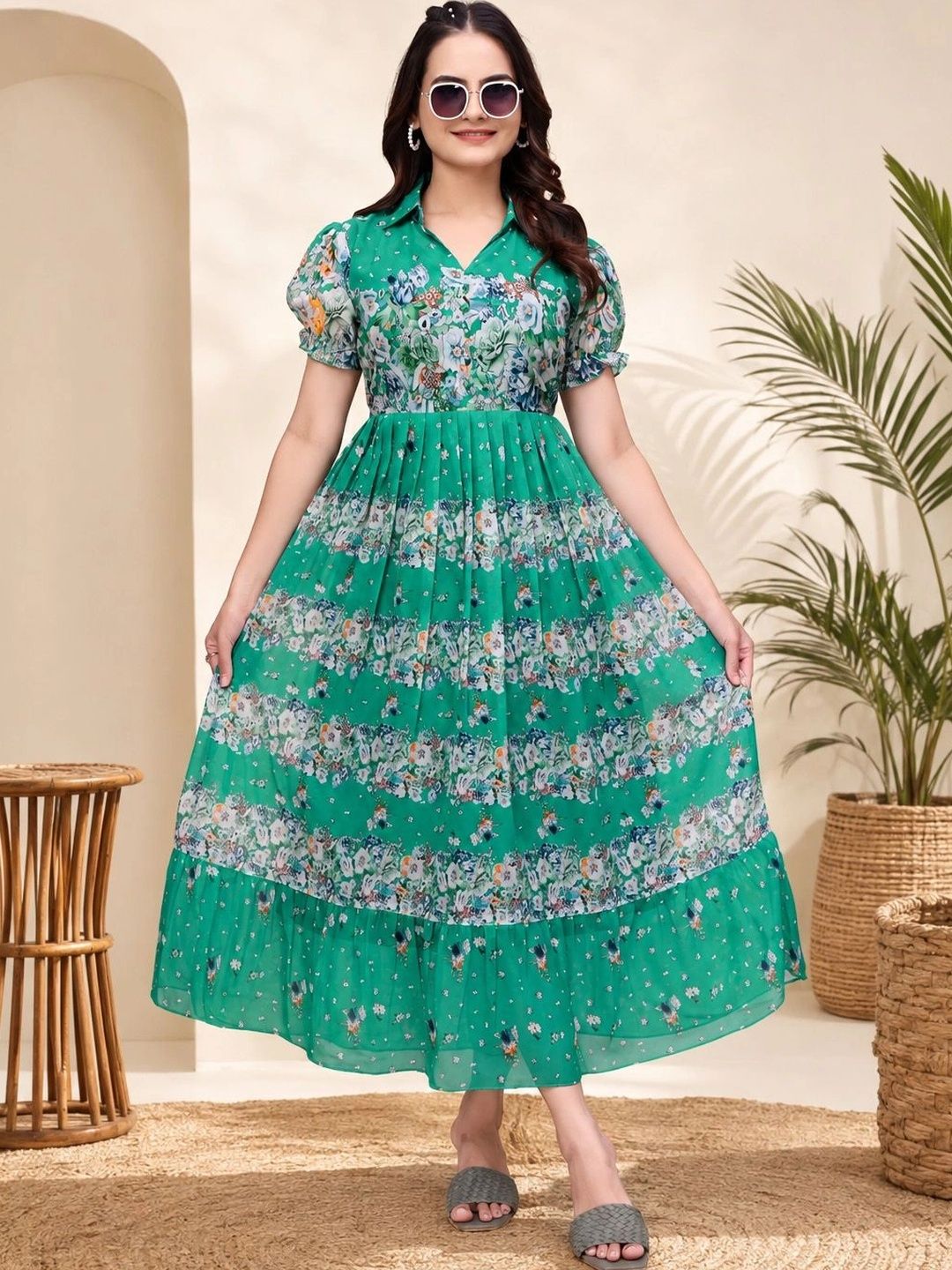 QENA Floral Print Puff Sleeve Georgette A-Line Midi Dress-picture-10