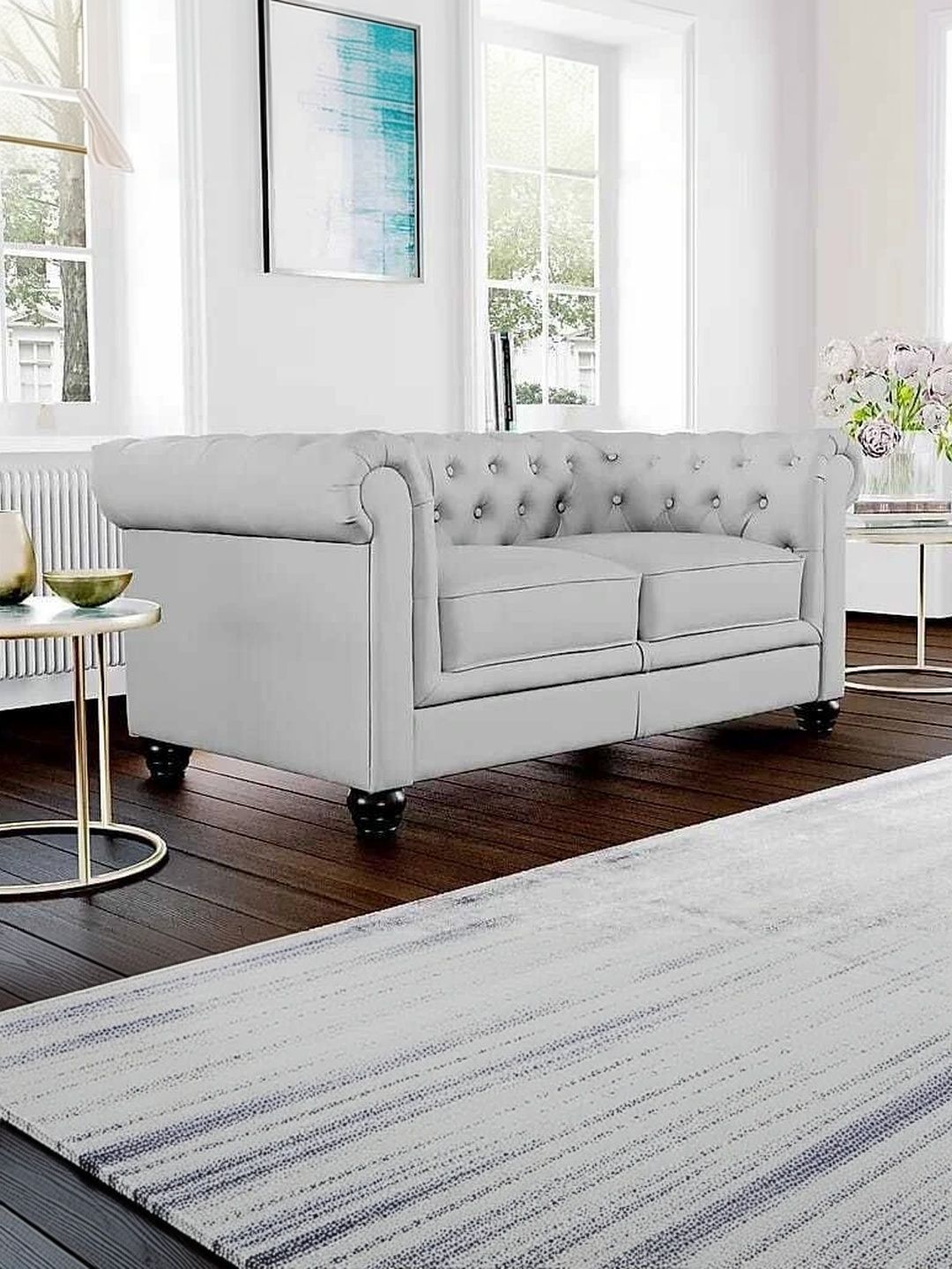 INDIAWOODMART Grey Leatherette & Wooden 2-Seater Sofa-picture-3