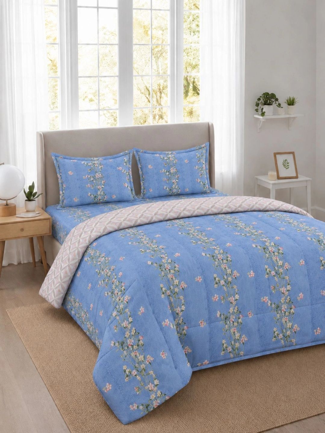 Florida Blue & Green Floral Polycotton 4 Piece Double King Superfine Bedding Set-image-33