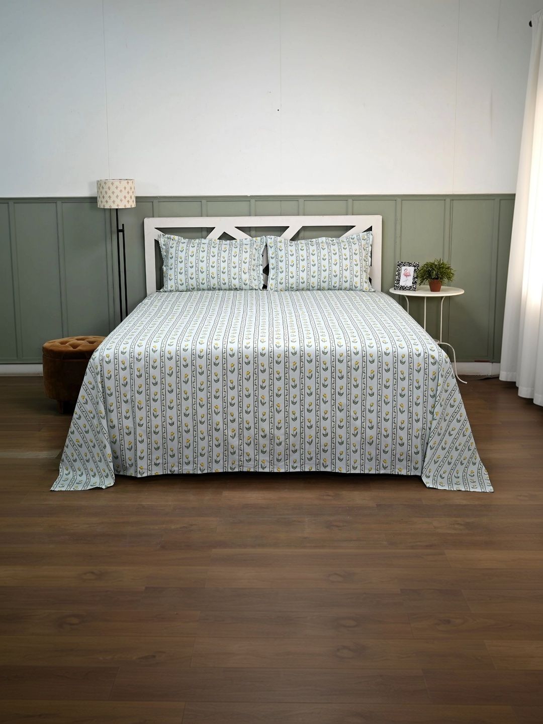 Ocean Home Store Grey & Yellow Floral 300 TC King Bedsheet with 2 Pillow Covers-image-24