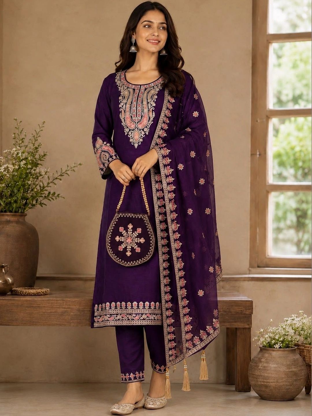 Hiti Creations Women Ethnic Motifs Embroidered Regular Thread Work Kurta with Trousers & With Dupatta-picture-54