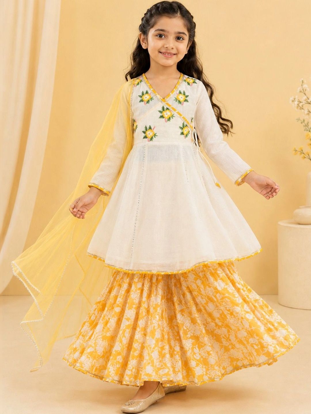 Bitiya by Bhama Girls Floral Embroidered Angrakha Thread Work Chanderi Cotton Kurta with Sharara & With-image-37