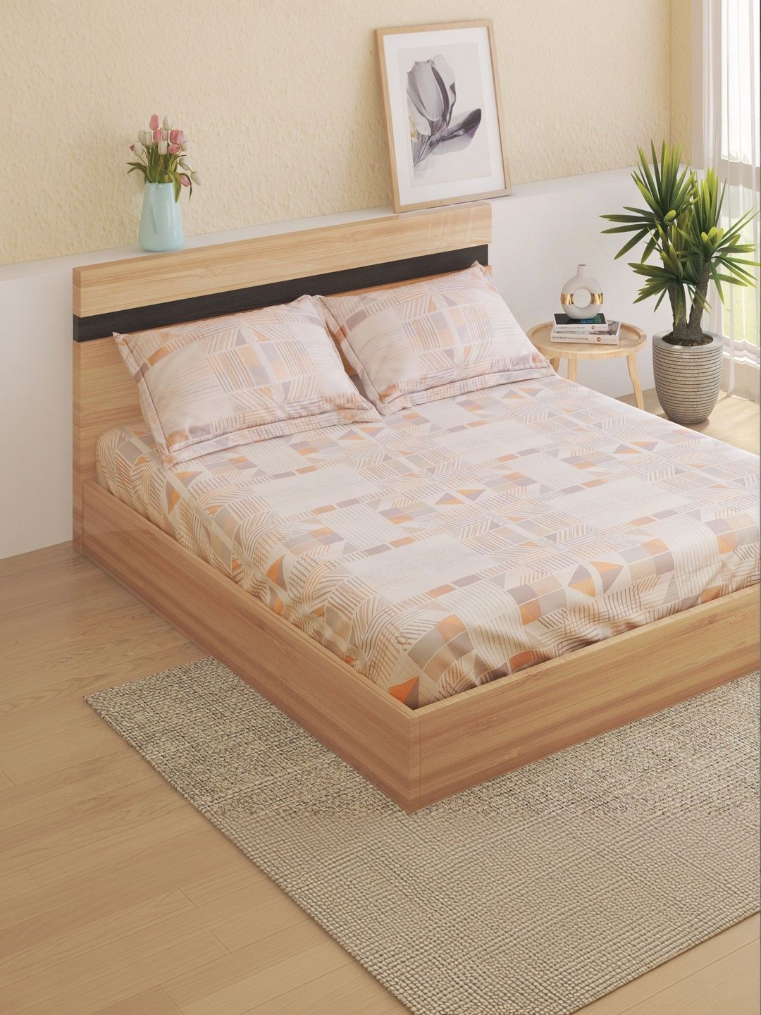 Home Centre Multicoloured & Peach-Coloured Geometric 144 TC Queen Bedsheet with 2 Pillow Covers-picture-16