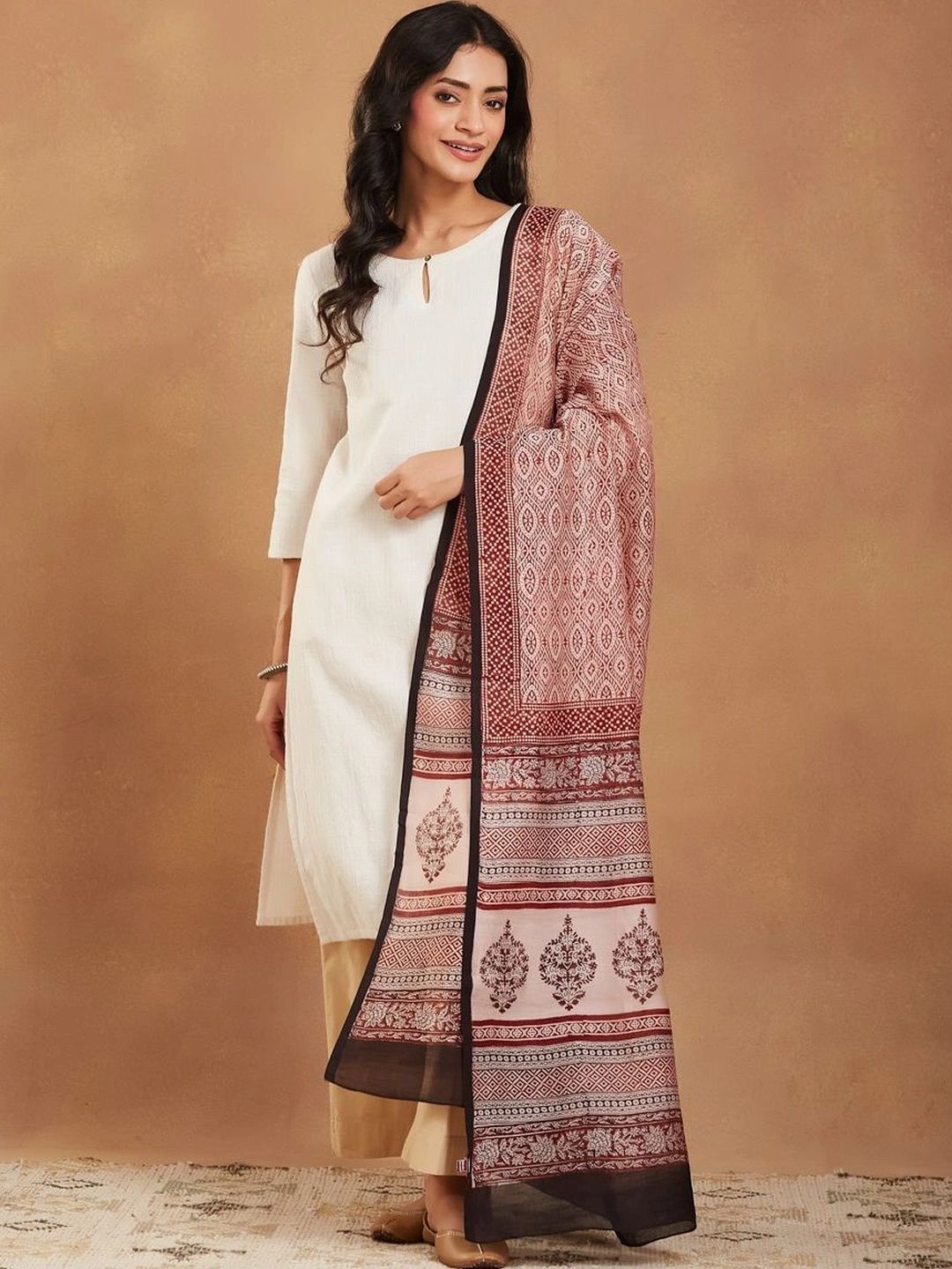 Fabindia Ethnic Motifs Printed Cotton Silk Blend Block Print Dupatta-image-37