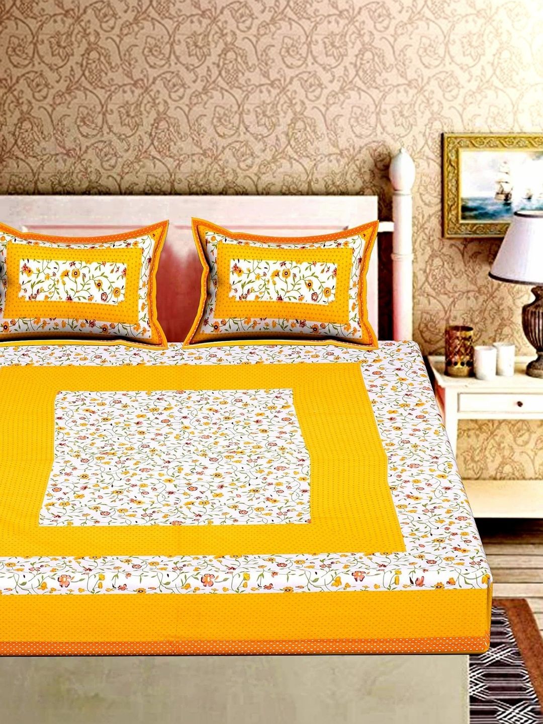 TIMELESS TRENDS Yellow 144 TC Bedsheet with 2 Pillow Covers-picture-11