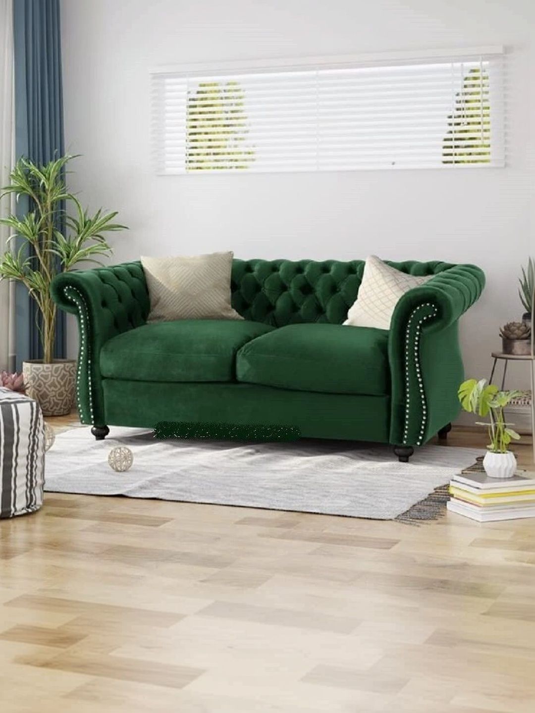 INDIAWOODMART Green Velvet & Wooden 2-Seater Sofa-picture-6