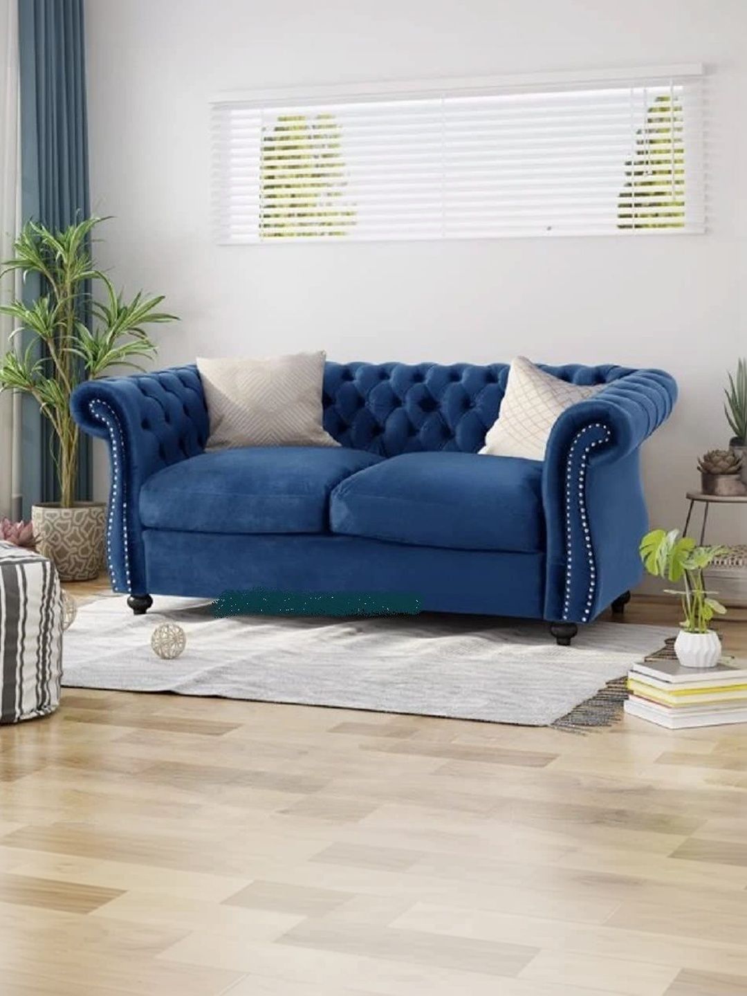 INDIAWOODMART Blue Velvet & Wooden 2-Seater Sofa-picture-11