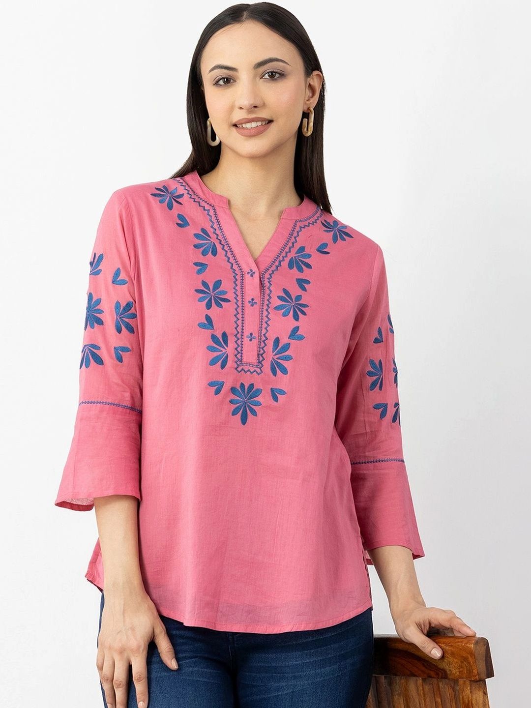 Mustard Floral Embroidered Bell Sleeve Cotton Top-image-18