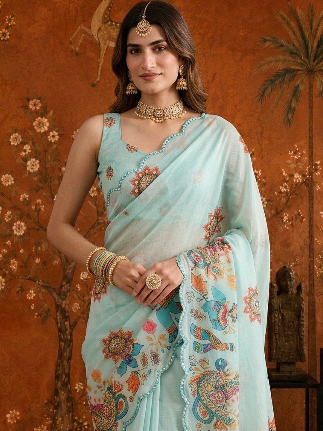 Sangria Colourblocked Mirror Work Satin Saree-picture-56