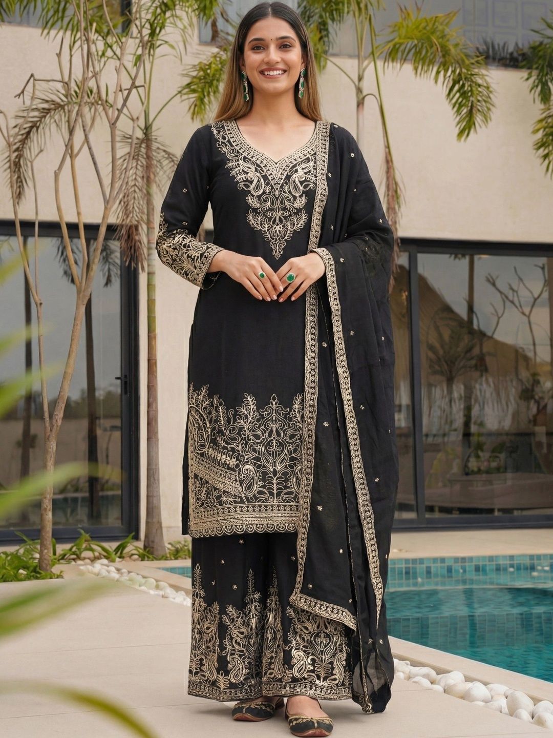Chandbaali Women Ethnic Motifs Embroidered Regular Thread Work Kurta with Palazzos & With Dupatta-picture-12