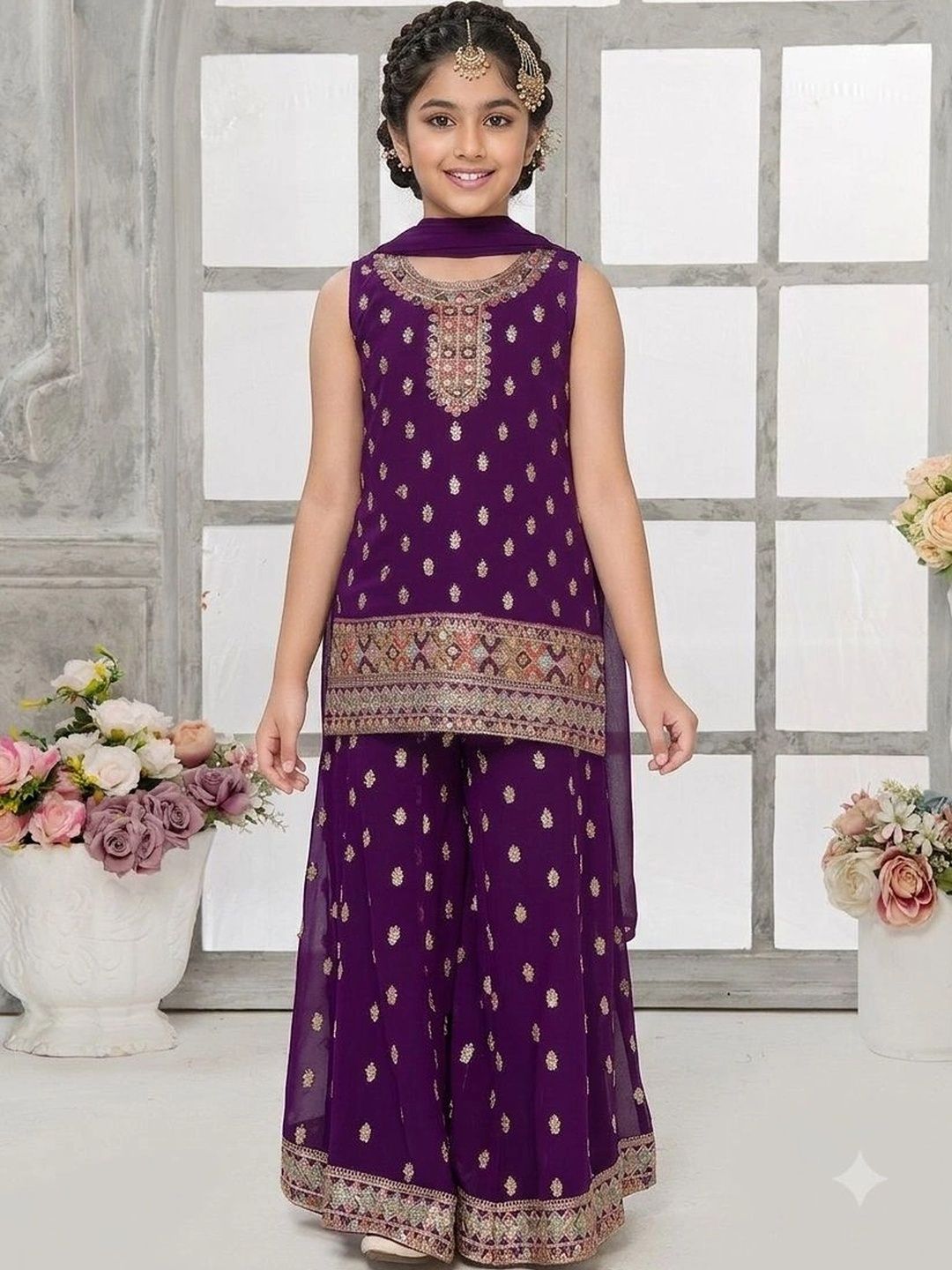 Wommaniya Impex Girls Ethnic Motifs Embroidered Regular Kurta with Sharara & With Dupatta-picture-31