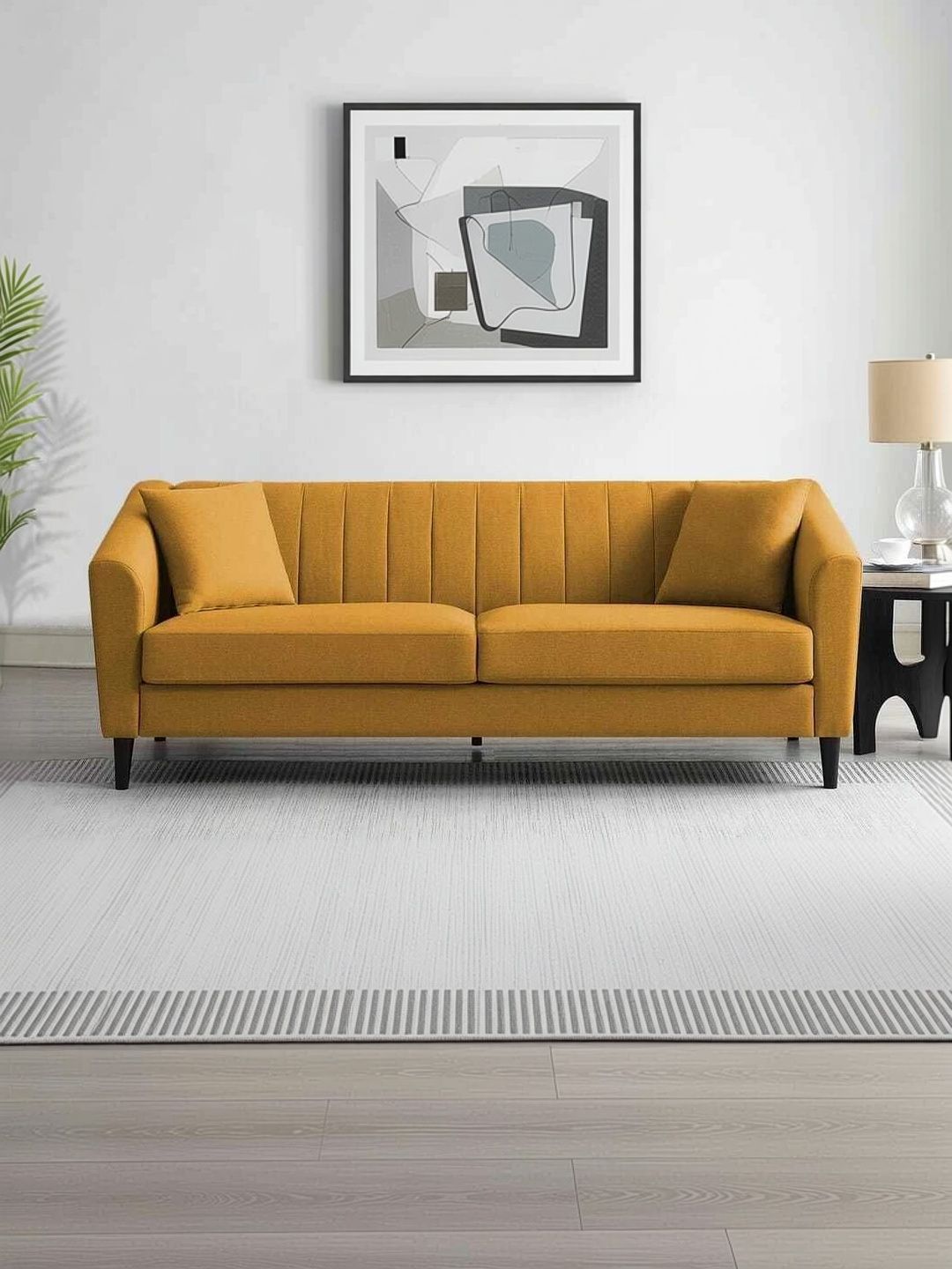 Soul craft Yellow Fabric & Wooden 3-Seater Sofa-image-11