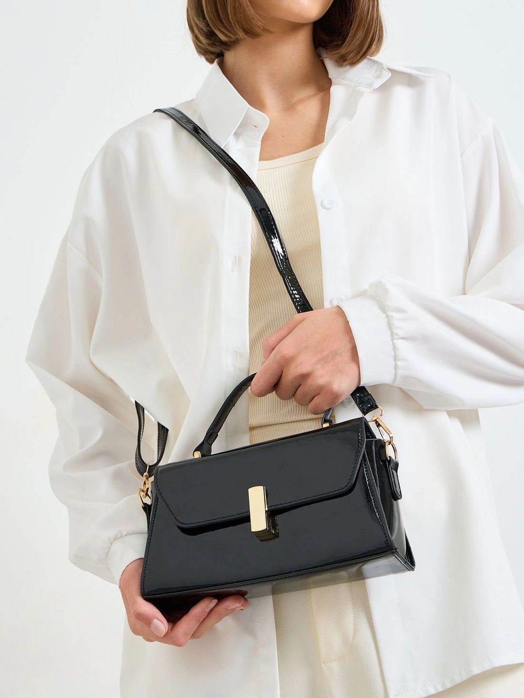 Styli Women Black Solid Satchel Gold Clasp Detail Top Handle Handbag-image-31