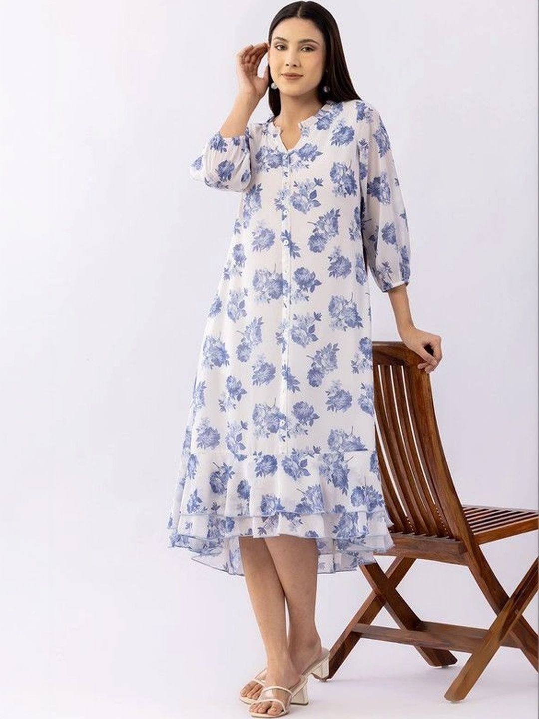 Mustard Women Floral Print Ruffled Georgette A-Line Midi Dress-picture-23
