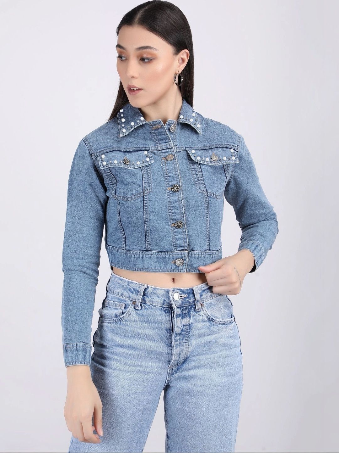 Peptrends Women Crop Denim Jacket-image-21