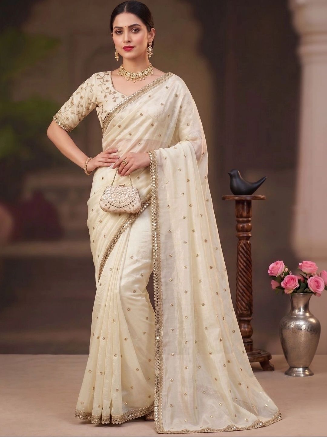 Tankori Embellished Mirror Work Satin Heavy Work Saree-picture-42