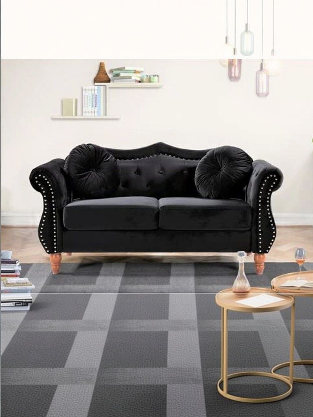 INDIAWOODMART Black Velvet & Wooden 2-Seater Sofa-picture-21