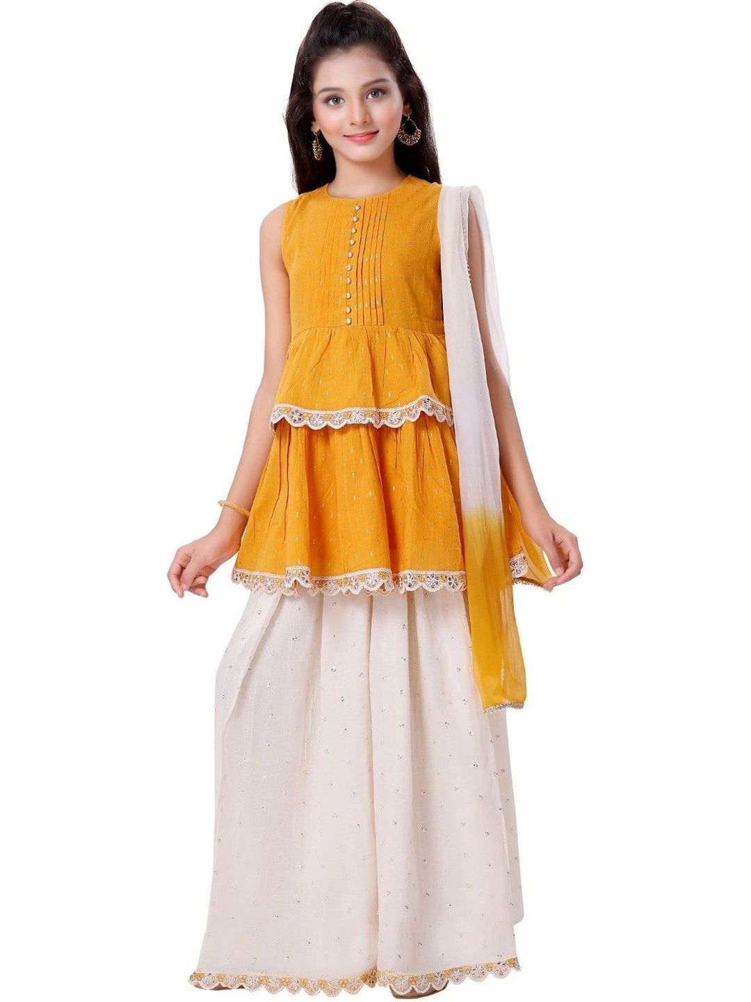 MASTARANG Girls Ethnic Motifs Tiered Pure Cotton Kurti with Palazzos & With Dupatta-picture-18