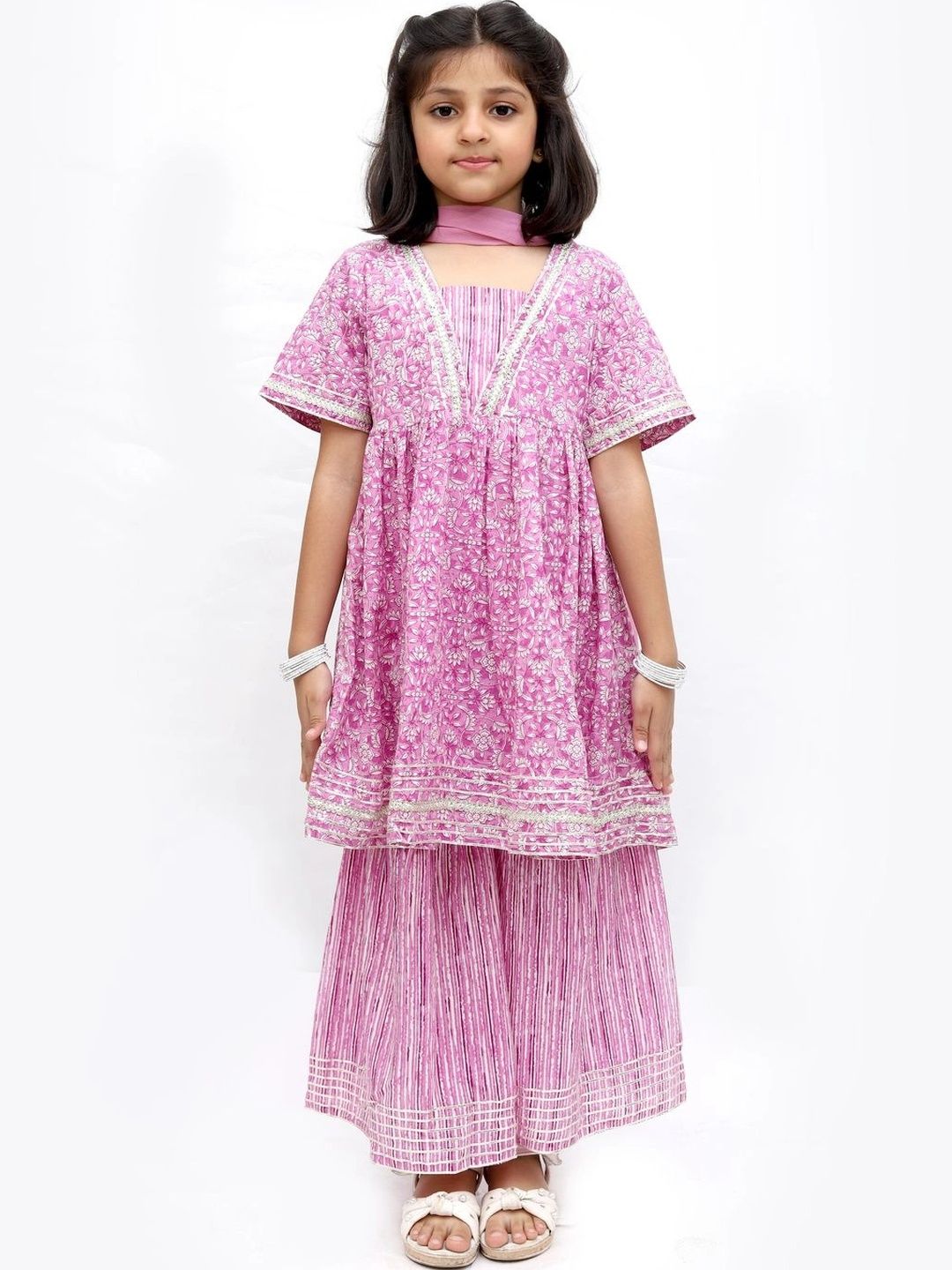 Tippy Top Girls Floral Printed Pure Cotton Kurta With Sharara & Dupatta-image-28