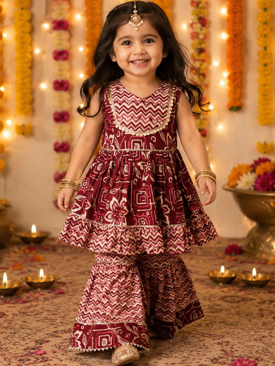 Titrit Girls Ethnic Motifs Printed Empire Pure Cotton Kurti with Sharara-picture-10