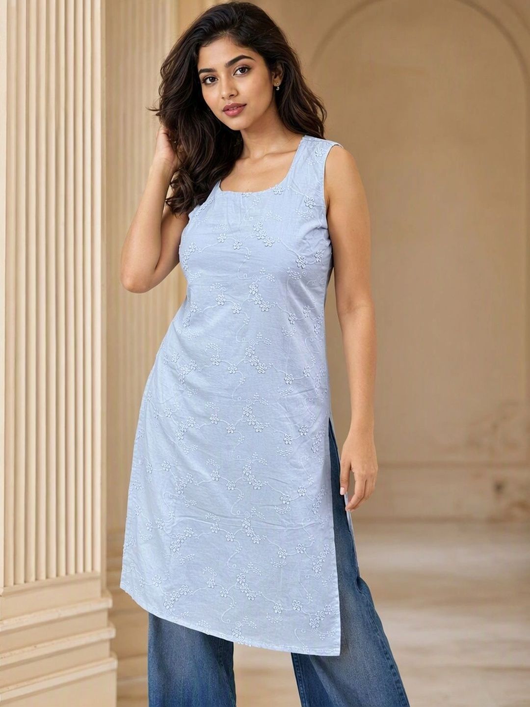 Siaraa Ethnic Motifs Embroidered Square Neck Thread Work Pure Cotton Blend Thread Work Kurti-picture-42
