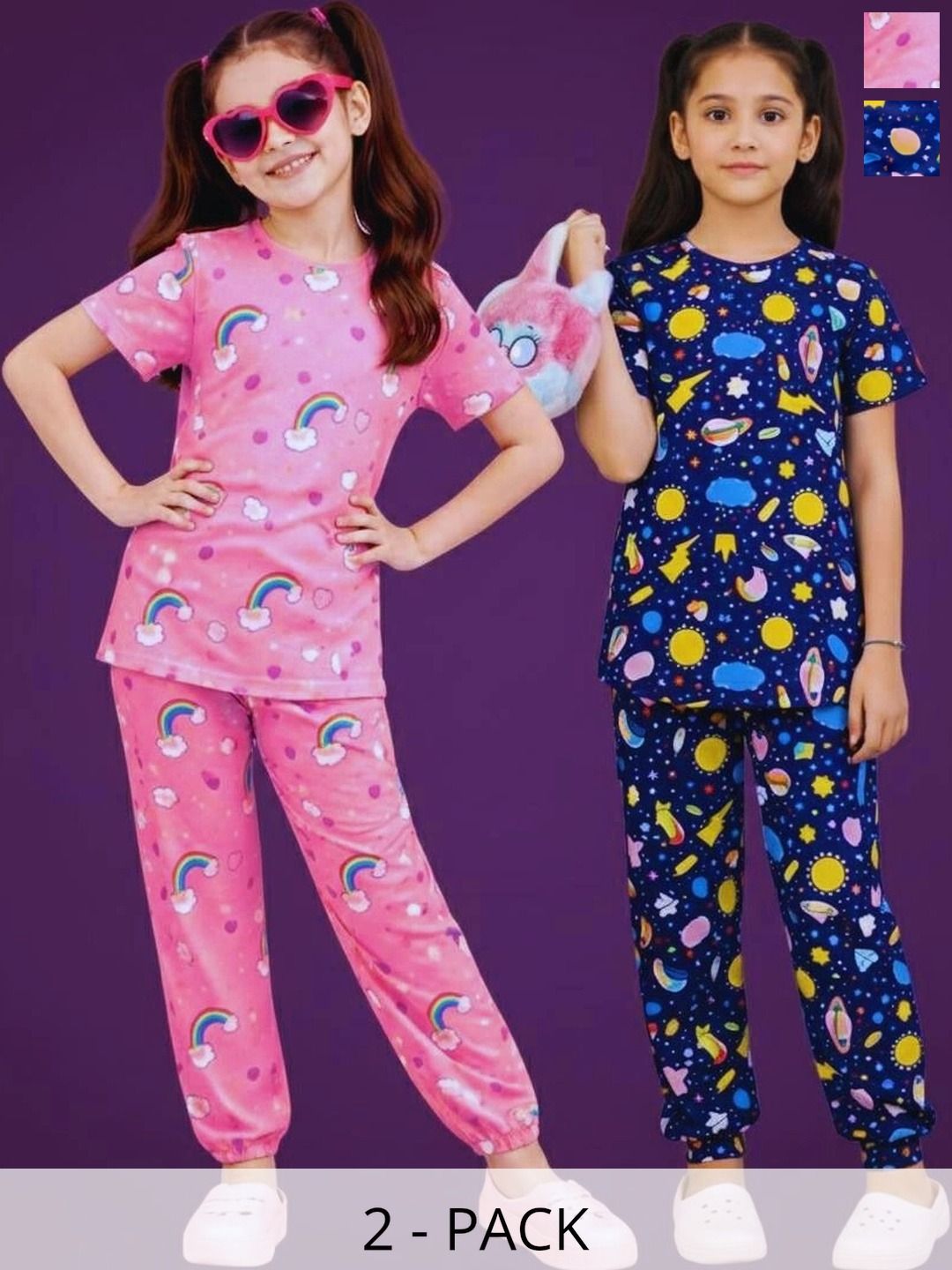 Amreliya Enterprise Amreliya Enterprise Girls Pack of 2 Graphic Printed Nightdress