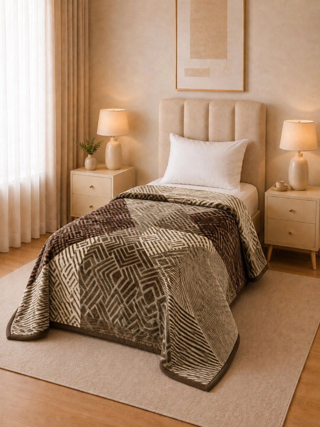 nivasam brown & taupe geometric mink mild winter 500 gsm blanket