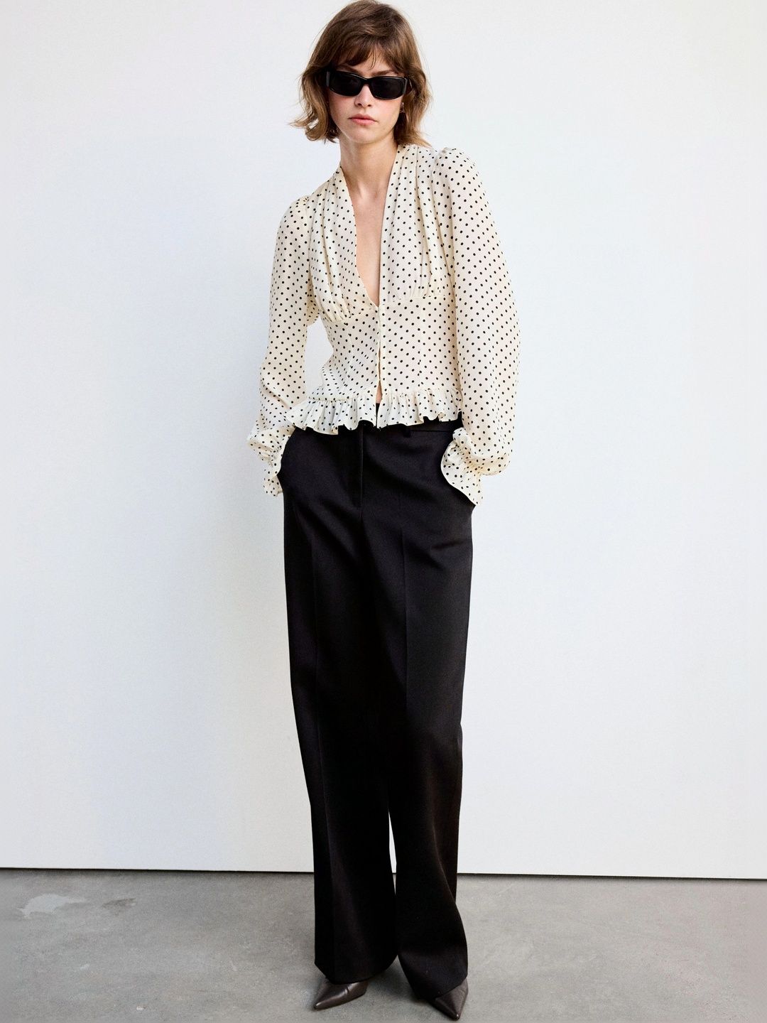 MANGO Polka Dot Printed Puff Sleeve Ruffles Top-picture-0
