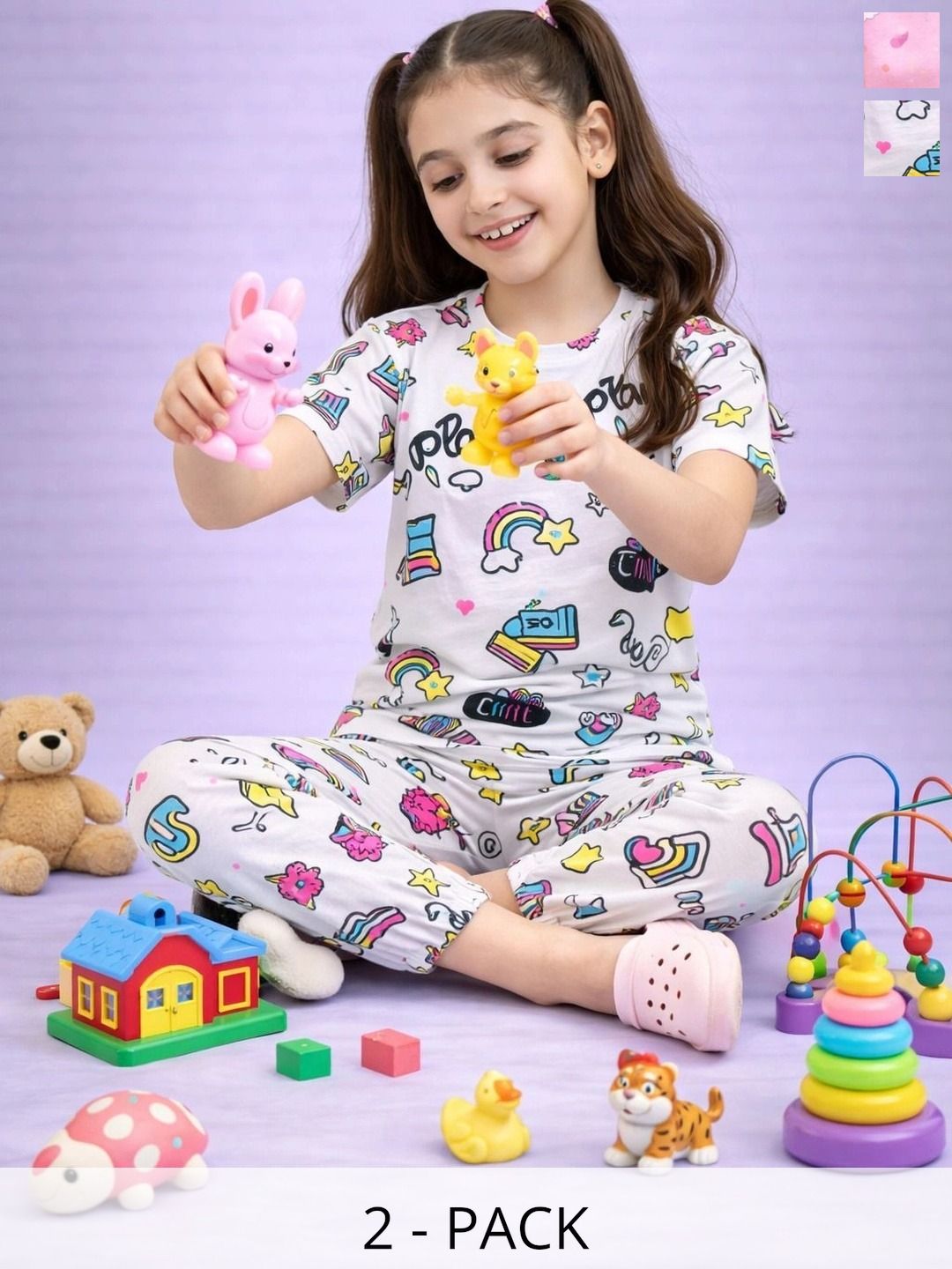 Amreliya Enterprise Amreliya Enterprise Girls Kids Pack of 2 Printed Maxi Nightdress