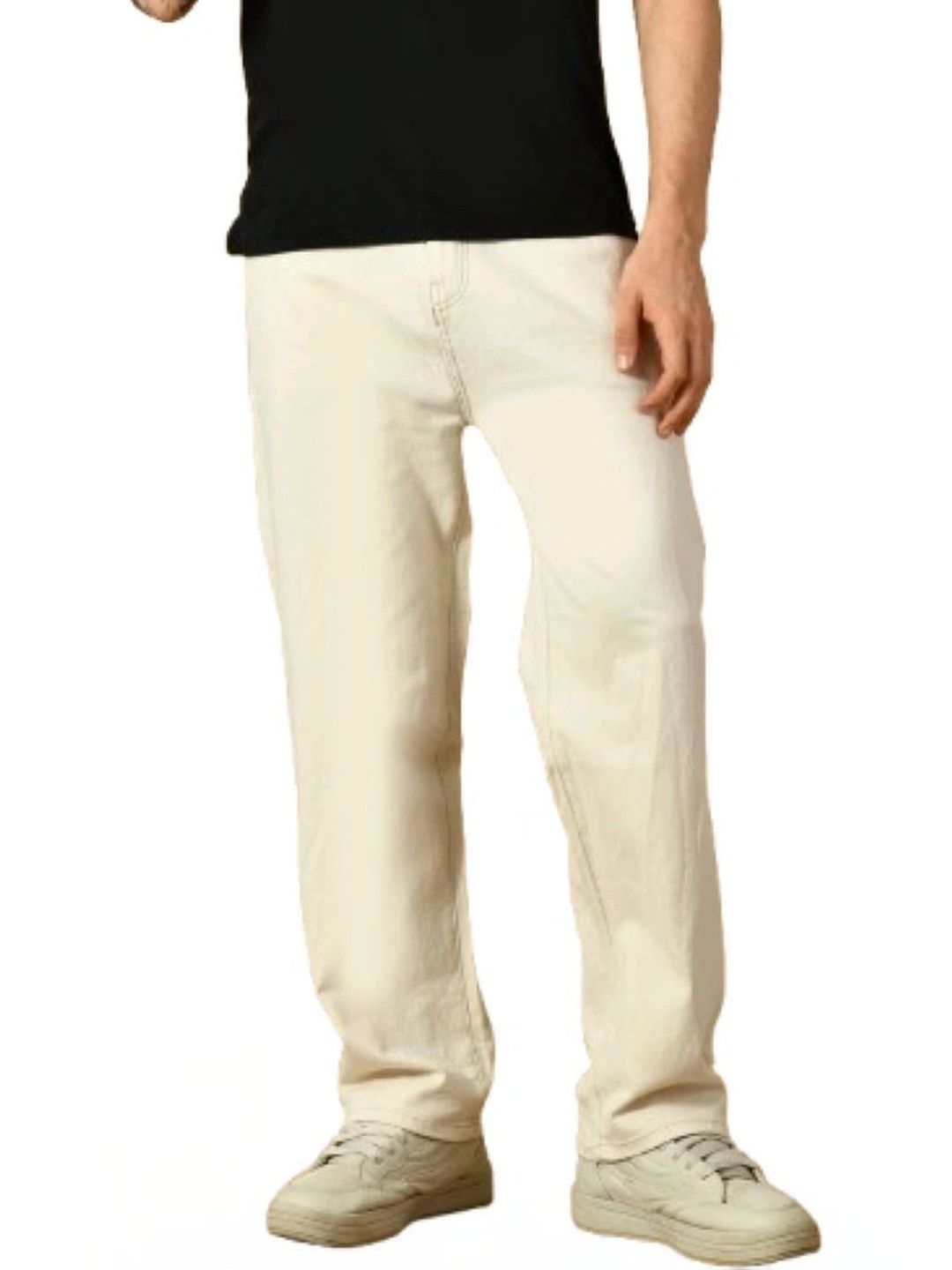 HERE&NOW Men's Cream Solid Straight Fit Jeans-picture-3