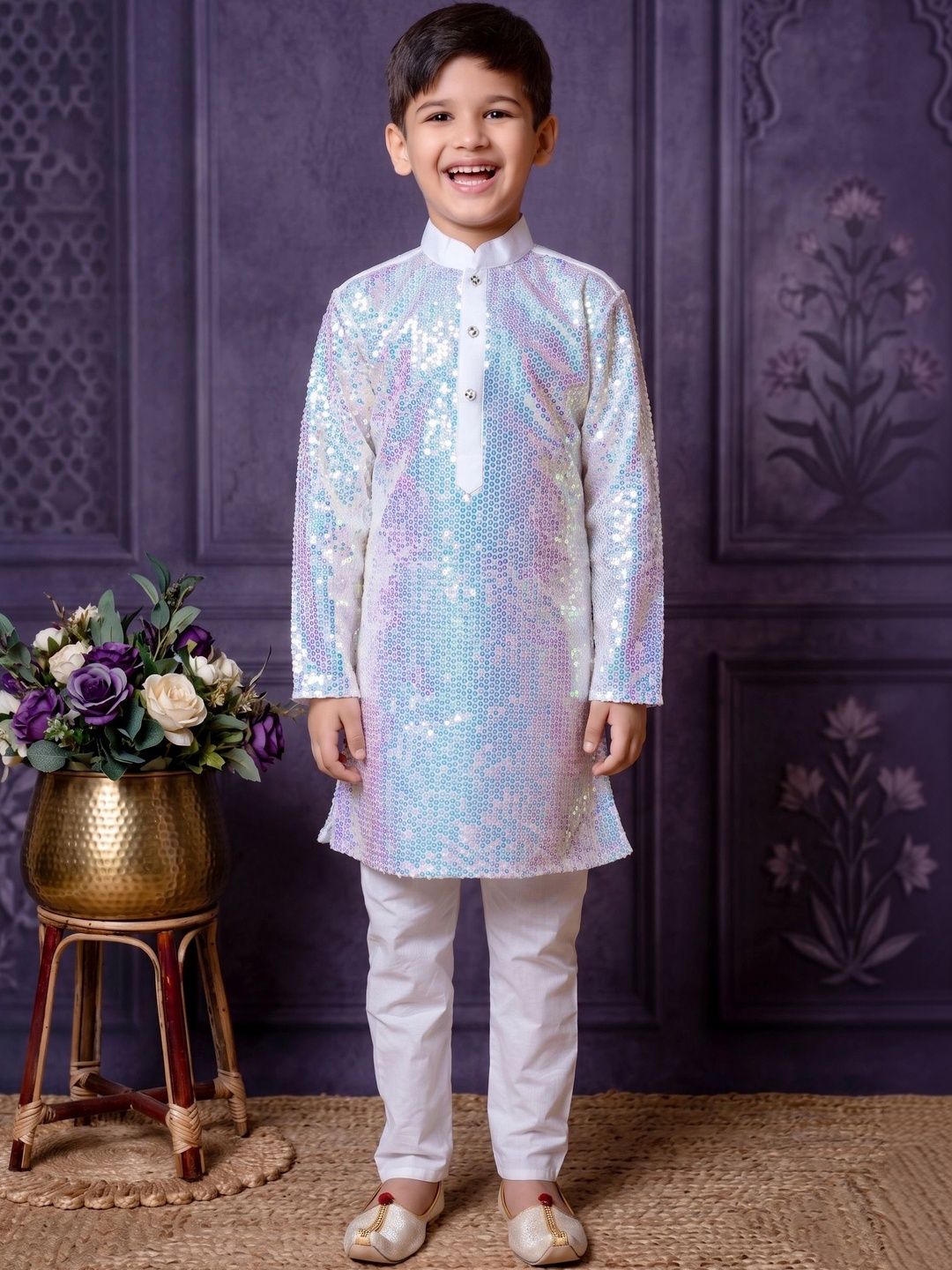 Cae Boys Regular Sequinned Dupion Silk Kurta with Pyjamas-image-2