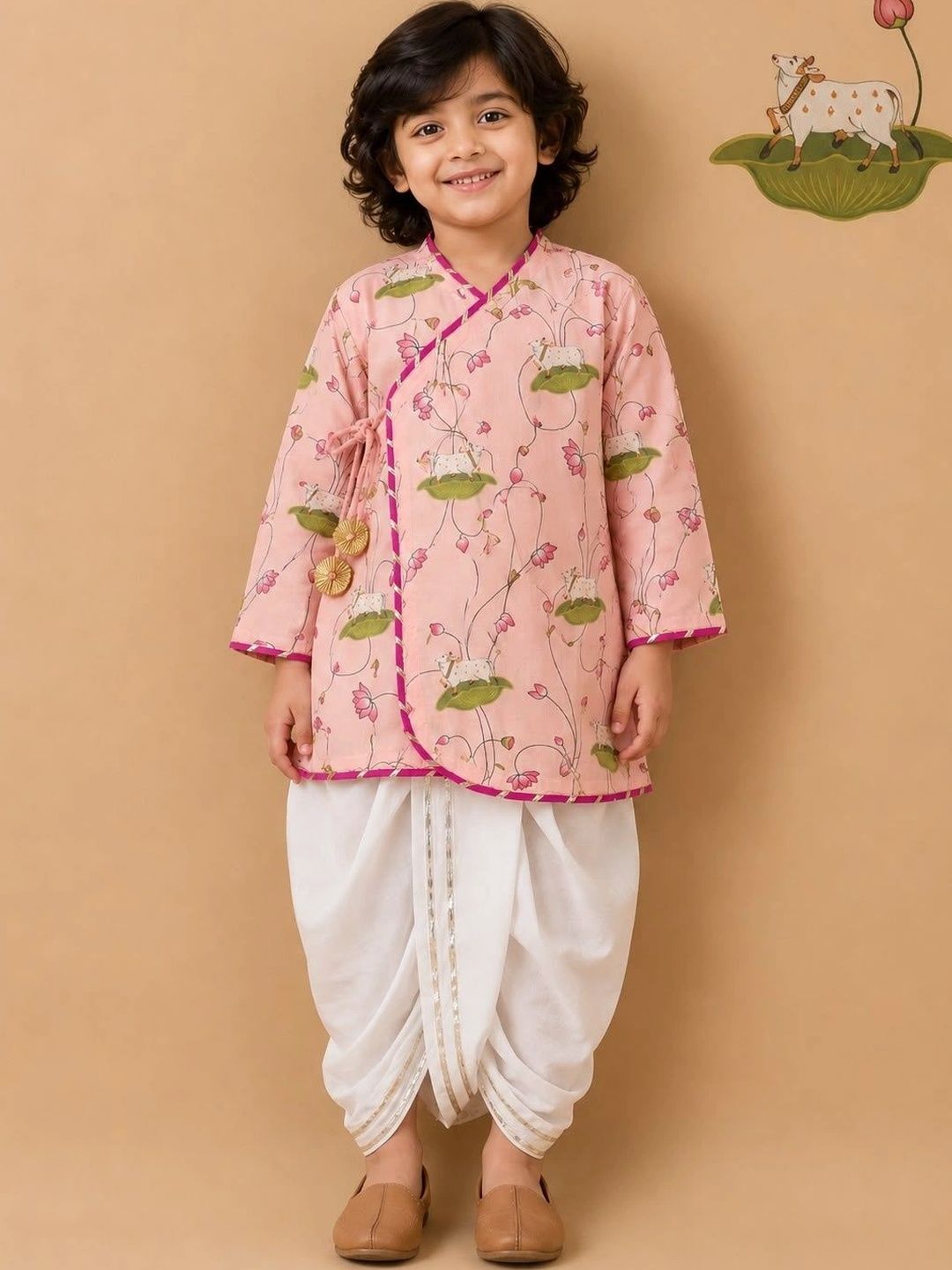 Cute Couture Boys Floral Printed Angrakha Pure Cotton Kurta with Dhoti Pants-image-32